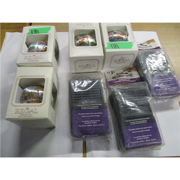 ESTATE:  BOX C/W CHRISTMAS DECORATIONS, 3 LEVELLING KIT, ETC