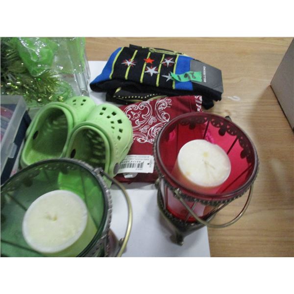 ESTATE:  BOX C/W CANDLES, ORNAMENTS, SOCKS, BANDANAS, ETC