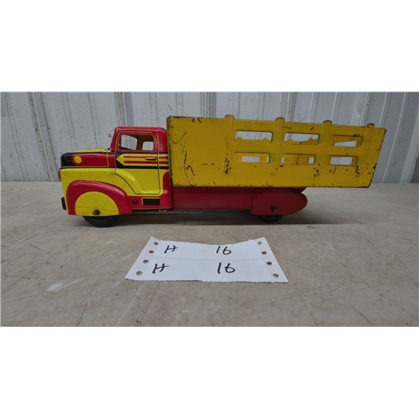 Vintage Marx Manufacturing Co. Pressed Steel Stake Truck, Red and Yellow, Late 1940s-Early 1950s