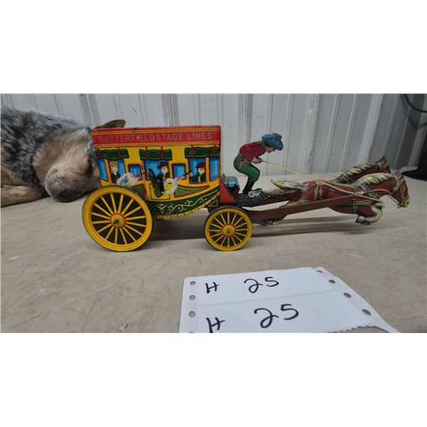 Vintage 1950s Alps Wind-Up Butterfield Stage Lines Tin Litho Horse-Drawn Coach Toy, 13”, Working