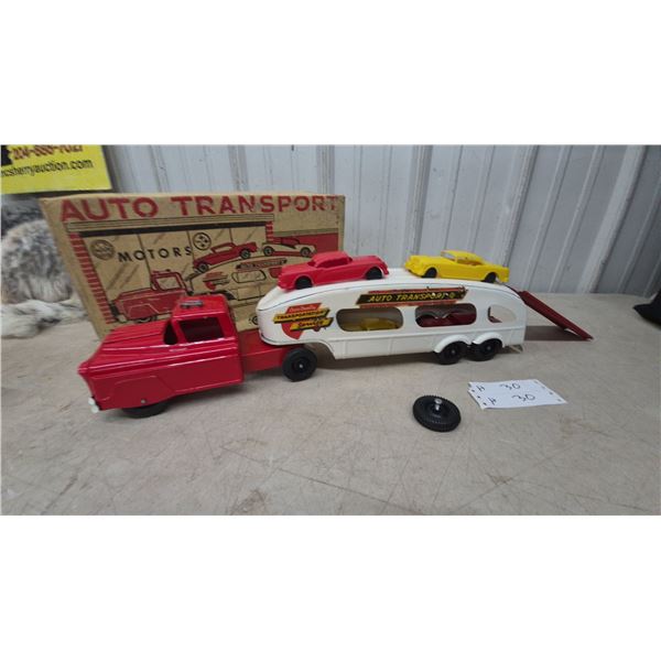Marx Lumar Cross Country Auto Transport Truck, Pressed Metal, with 4 Plastic Cars and Original Box