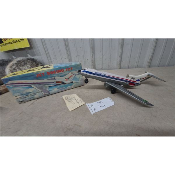 Vintage Battery-Operated Tin and Plastic Boeing 727 Jet Airliner Toy with Original Box