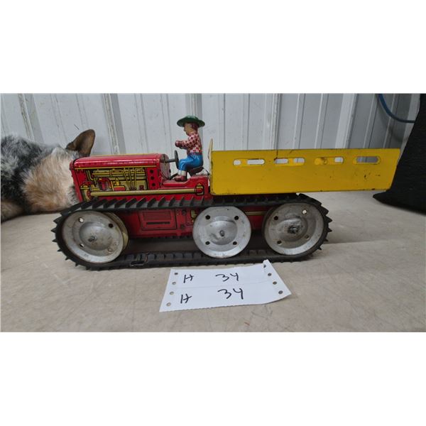 Vintage Marx Tin Litho Wind-Up Tracked Tractor with Dump Bed and Driver, 1950s 14” Working