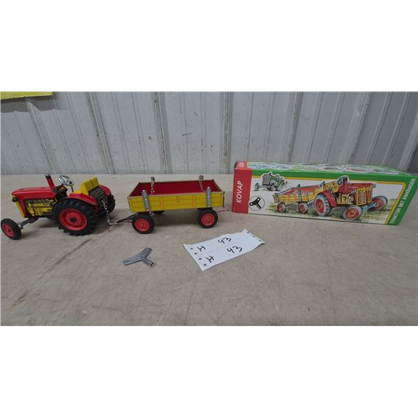 Kovap Zetor 25A Wind-Up Tin-Litho Tractor and Trailer Set with Original Box and Key, 12”