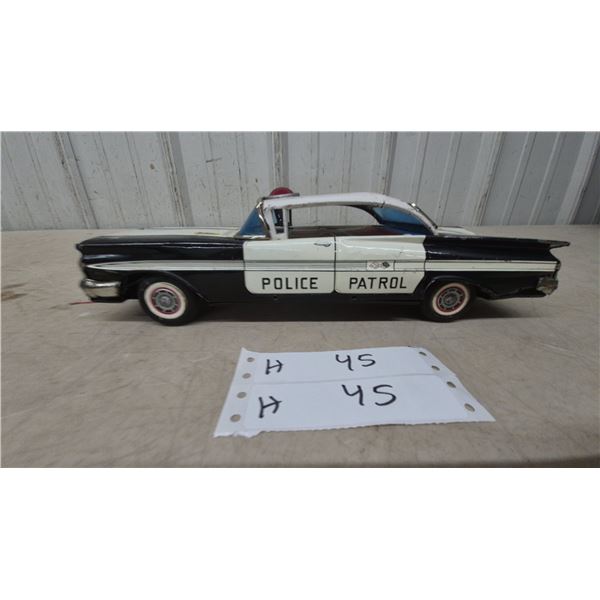 Vintage Japan Tinplate Friction 1959 Chevrolet Impala Police Patrol Car with Red Roof Siren, 12”