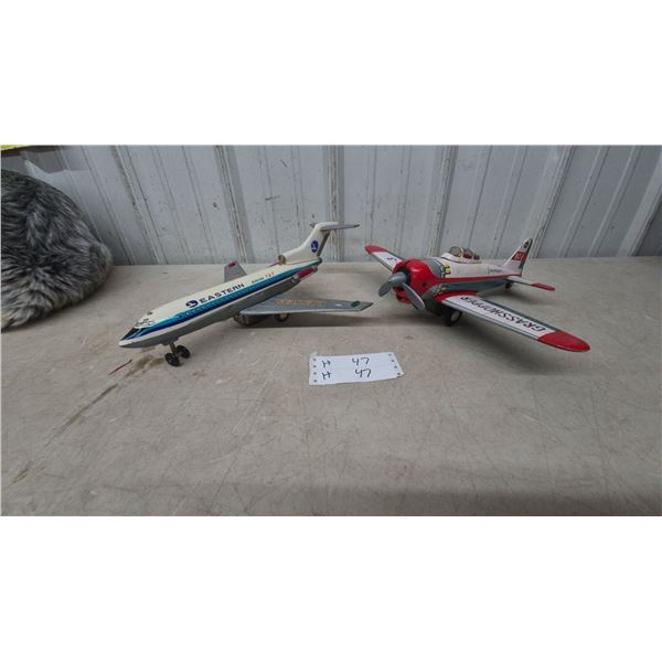 Vintage Grasshopper BC-3 Tin Toy Airplane 12”×15” and Eastern Boeing 727 Tin Toy Jet, 16”×13”