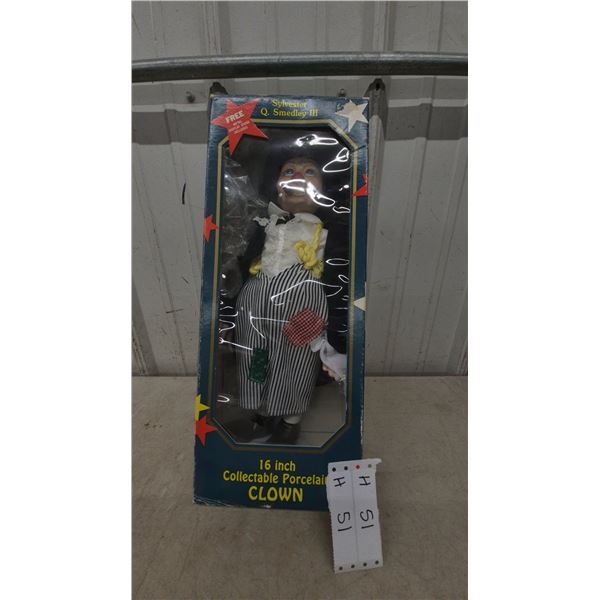 Sylvester Q. Smedley III 16” Collectable Porcelain Clown Doll with Metal Display Stand in Box