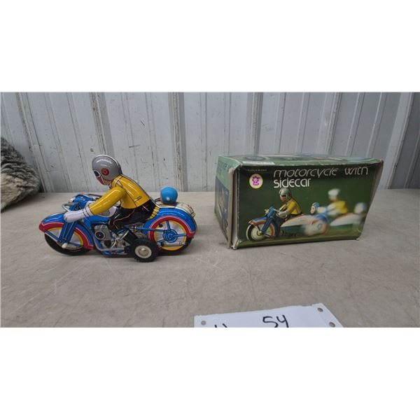 Masudaya MS-70 Clockwork Wind-Up Tin Motorcycle with Sidecar in Original Box, 7”