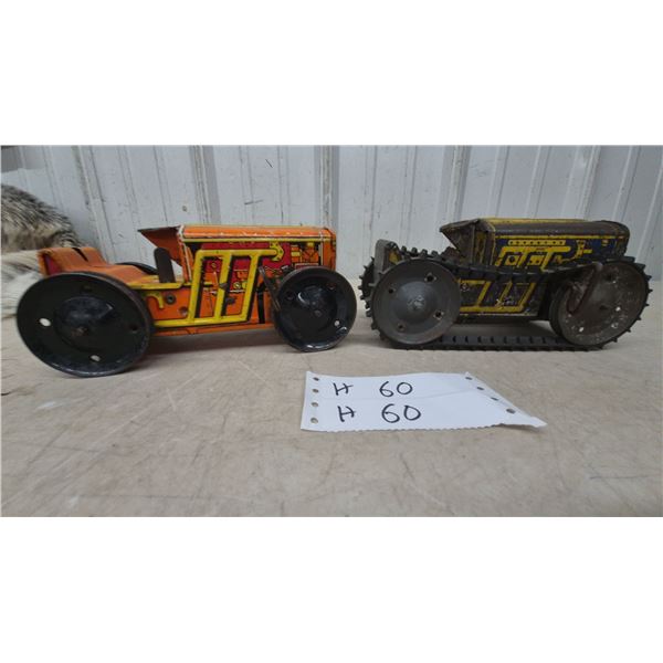 Vintage Tin Litho Wind-Up Toy Tractors, Wheeled and Crawler Styles, Marx and Made in Canada, 8”