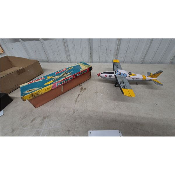 Vintage Nomura Modern Toys A-1026-S Friction Patrol Plane Tinplate Toy Airplane with Box 13”×13”