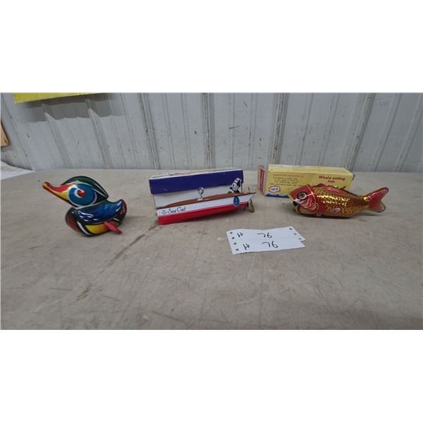 Vintage Tin Wind-Up Toys, Whale Eating Fish, Sea Cat Felix Speedboat and Duck