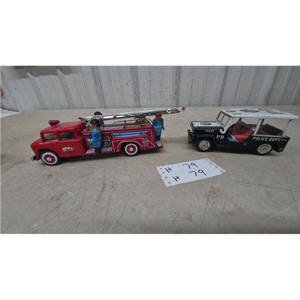 Vintage Japanese Tin Friction Toys: STI Fire Truck WP-240 10” and Yonezawa Police Jeep 11071, 7”