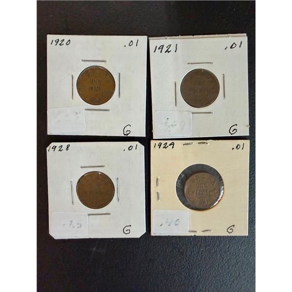 4 CANADIAN 1 CENT PENNIES - 1920,21,28,29
