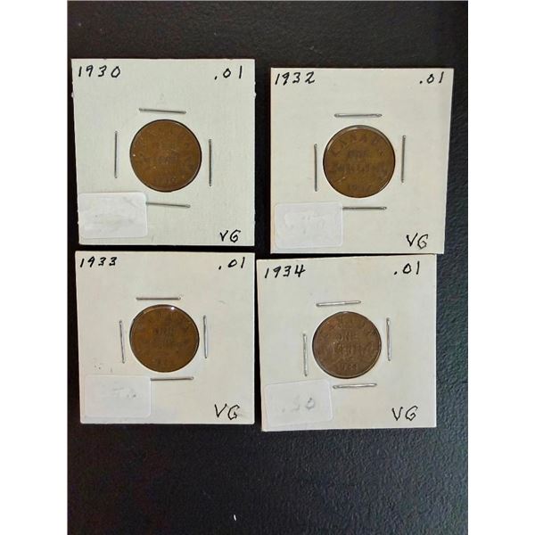 9 CANADIAN 1 CENT PENNIES - 1930-1939