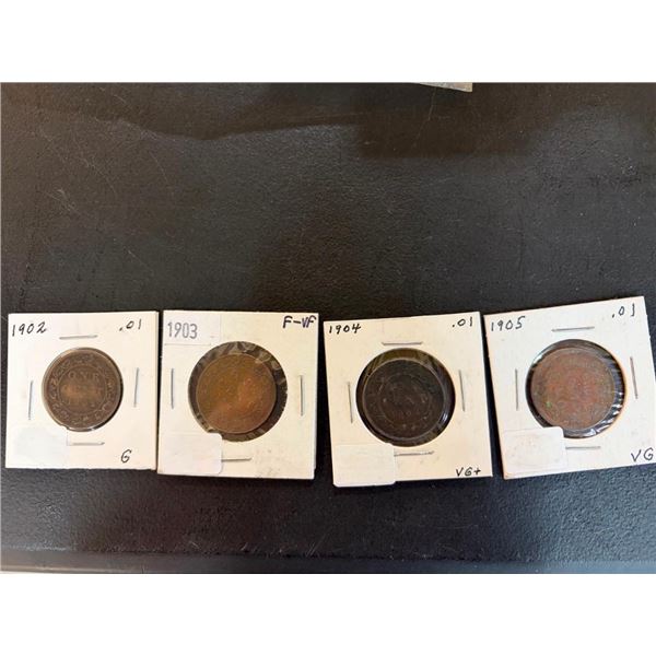4 LARGE 1 CENT PIECES - 1902,03,04,05