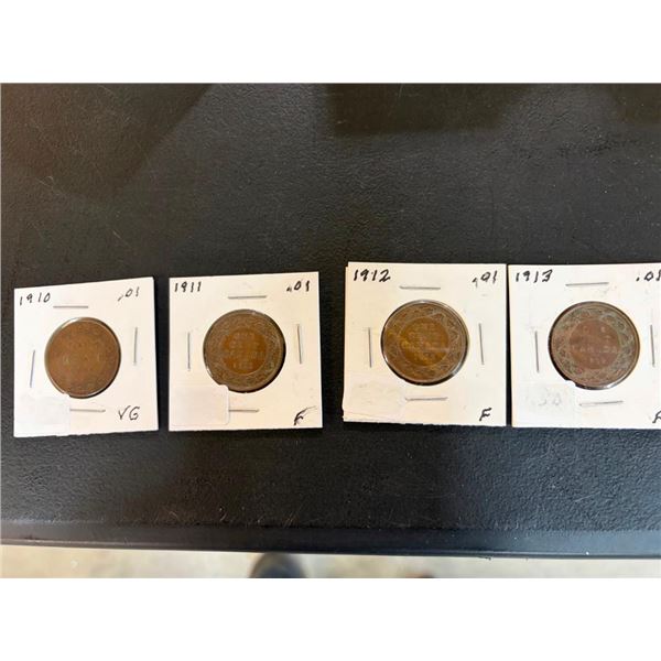 4 LARGE CANADIAN 1 CENT PCS - 1910,11,12,13