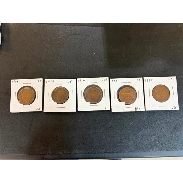 5 LARGE CANADIAN 1 CENT PIECES - 1914,15,16,17,18