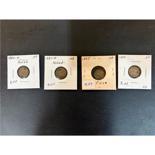 4 SILVER 5 CENT PIECES - 1880,81,85,88 - 2 ARE HOLED