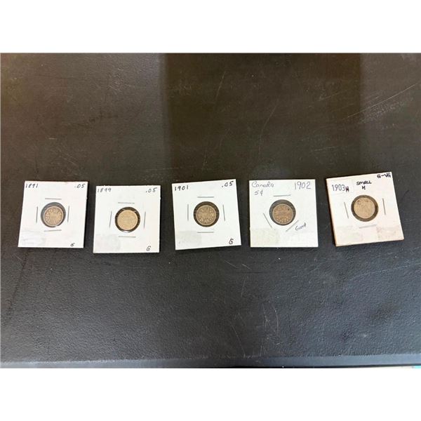 5 SILVER CANADIAN 5 CENT PIECES - 1891, 1899, 1901,02,03