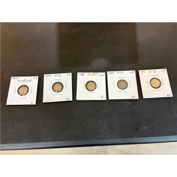 5 SILVER CANADIAN 5 CENT PCS - 1904,05,06,06,07