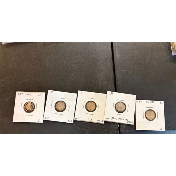 5 SILVER CANADIAN 5 CENT PCS - 1909, 1909, 1910-12