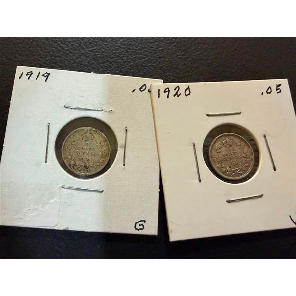 2 SILVER CANADIAN 5 CENT PCS - 1919,20