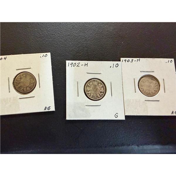 3 SILVER CANADIAN 10 CENT PCS - 1902-H, 1903-H, 1904