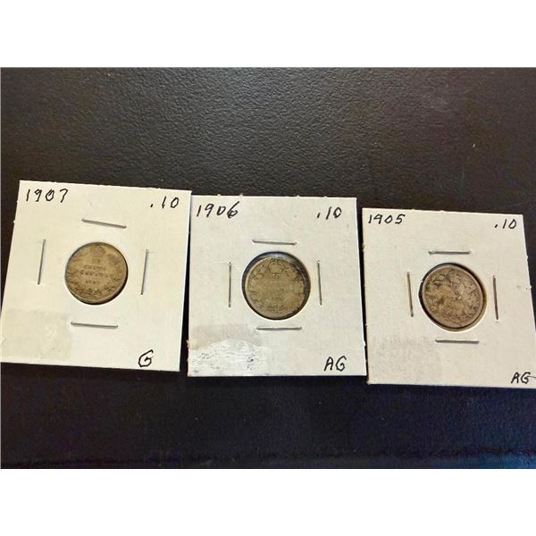 3 SILVER CANADIAN 10 CENT PCS - 1905,06,07