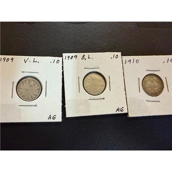 3 SILVER CANADIAN 10 CENT PCS - 1909, 1909, 1910