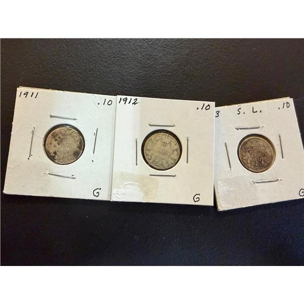 3 SILVER CANADIAN 10 CENT PCS - 1911,12,13