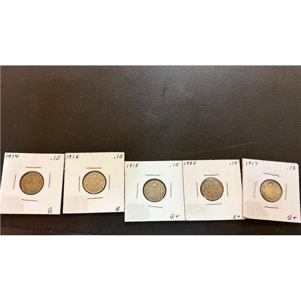 5 SILVER CANADIAN 10 CENT PCS - 1914,16,17,18,20