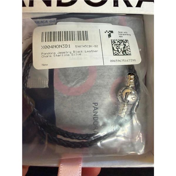 PANDORA BLACK LEATHER BRACELET WITH STERLING SILVER CHARM