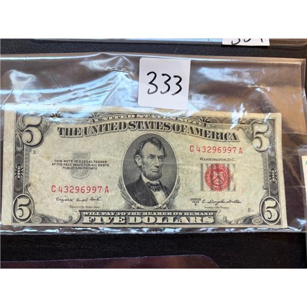 1953 SERIES B US 5 DOLLAR BILL
