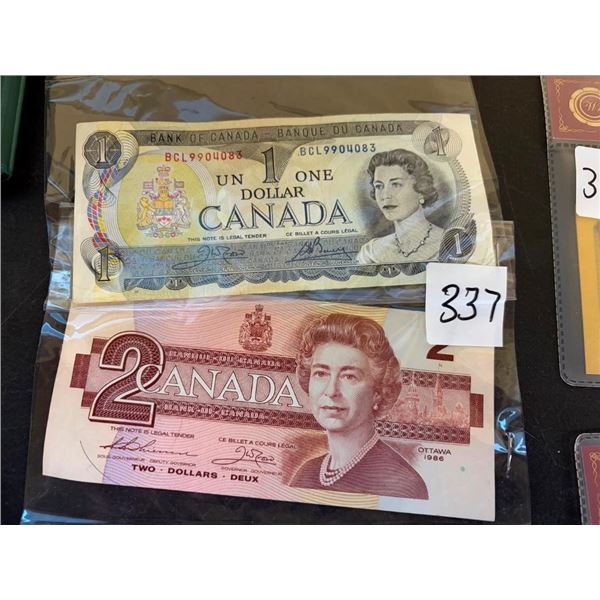 1986 CANADIAN 2 DOLLAR BILL AND 1973 CANADIAN 1 DOLLAR BILL