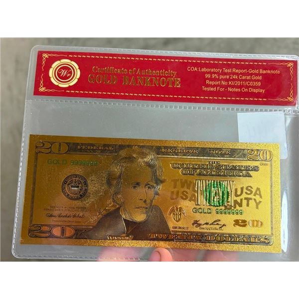 REPLICA 20 DOLLAR BILL - SAYS IT IS 24 K GOLD BUT NO GUARANTEES