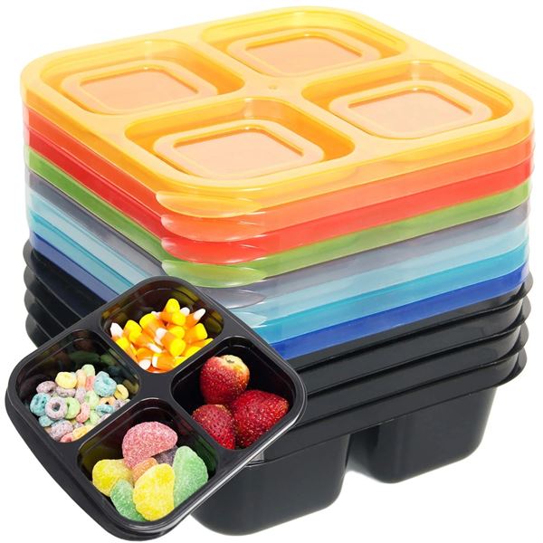Brand New - Brand New Youngever 8-Pack 4-Compartment Snack Containers with Assorted Colour Lids