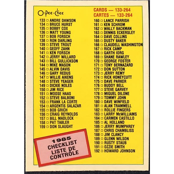 1985 O-PEE-CHEE BASEBALL CHECKLIST