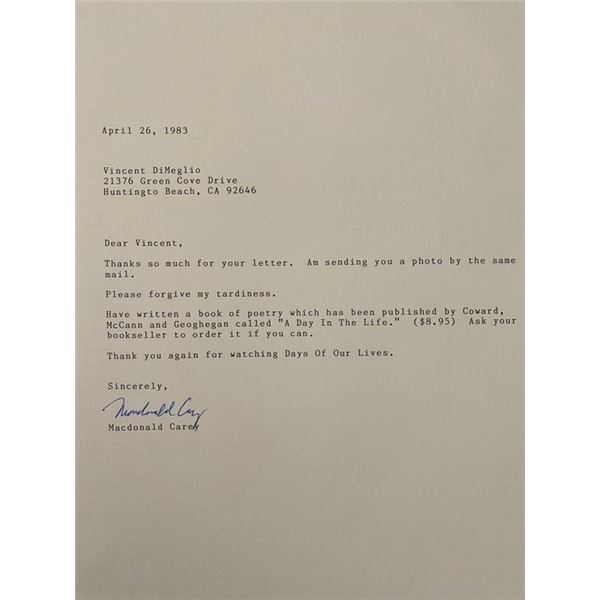 Streets of Laredo Macdonald Carey signed personal letter
