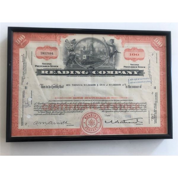 Framed Reading Company Stock Certificate