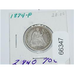1874 P Fine  Seated Liberty Silver Dime