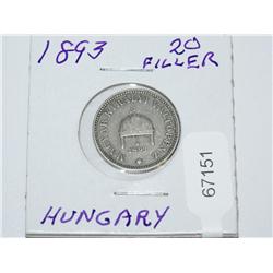 1893 20 Filler Hungary Coin
