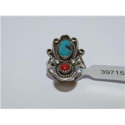 AAA Turquoise & Coral Navajo Design Ring