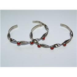 Navajo Sterling & Coral Cabochon Cuff Bracelets