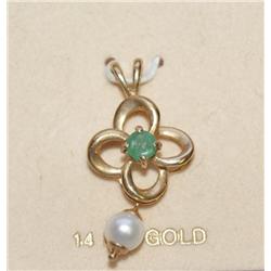 14k Gold Emerald & Pearl Pendant