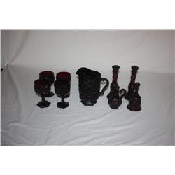 Rare-Red "Avon" Pitcher, glasses & Candlesticks