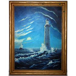 Framed Oil on Canvas of Lighthouse