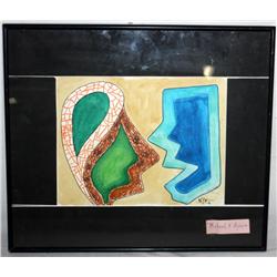 Framed Abstract Water Color of 2 Faces