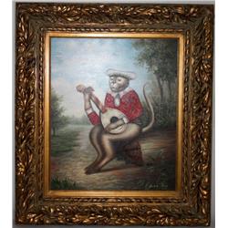 Framed Oil on Canvas of Monkey Playing a Guitar