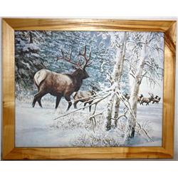Framed Oil on Canvas of Deer in Snow