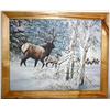 Image 1 : Framed Oil on Canvas of Deer in Snow